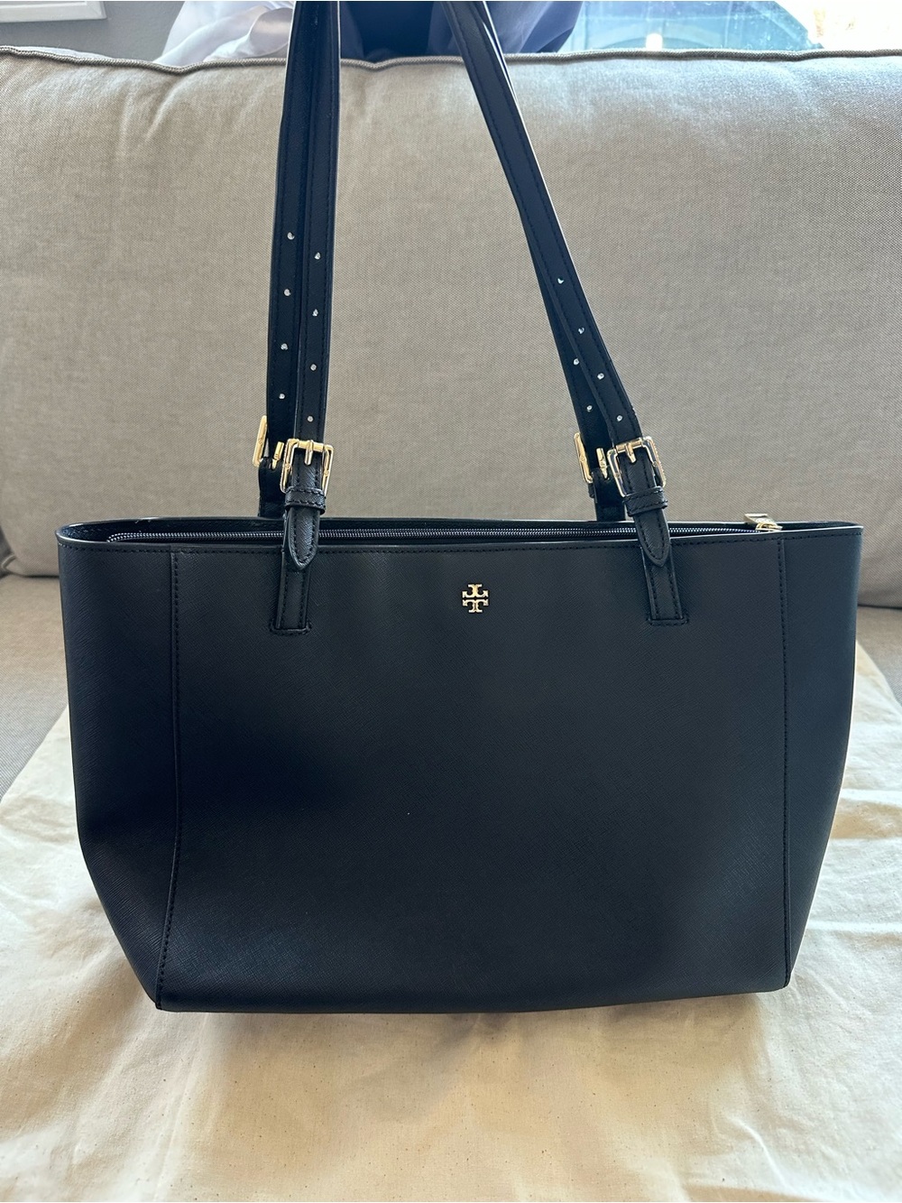 Tory Burch Black Saffiano Leather Tote with Gold Hardware